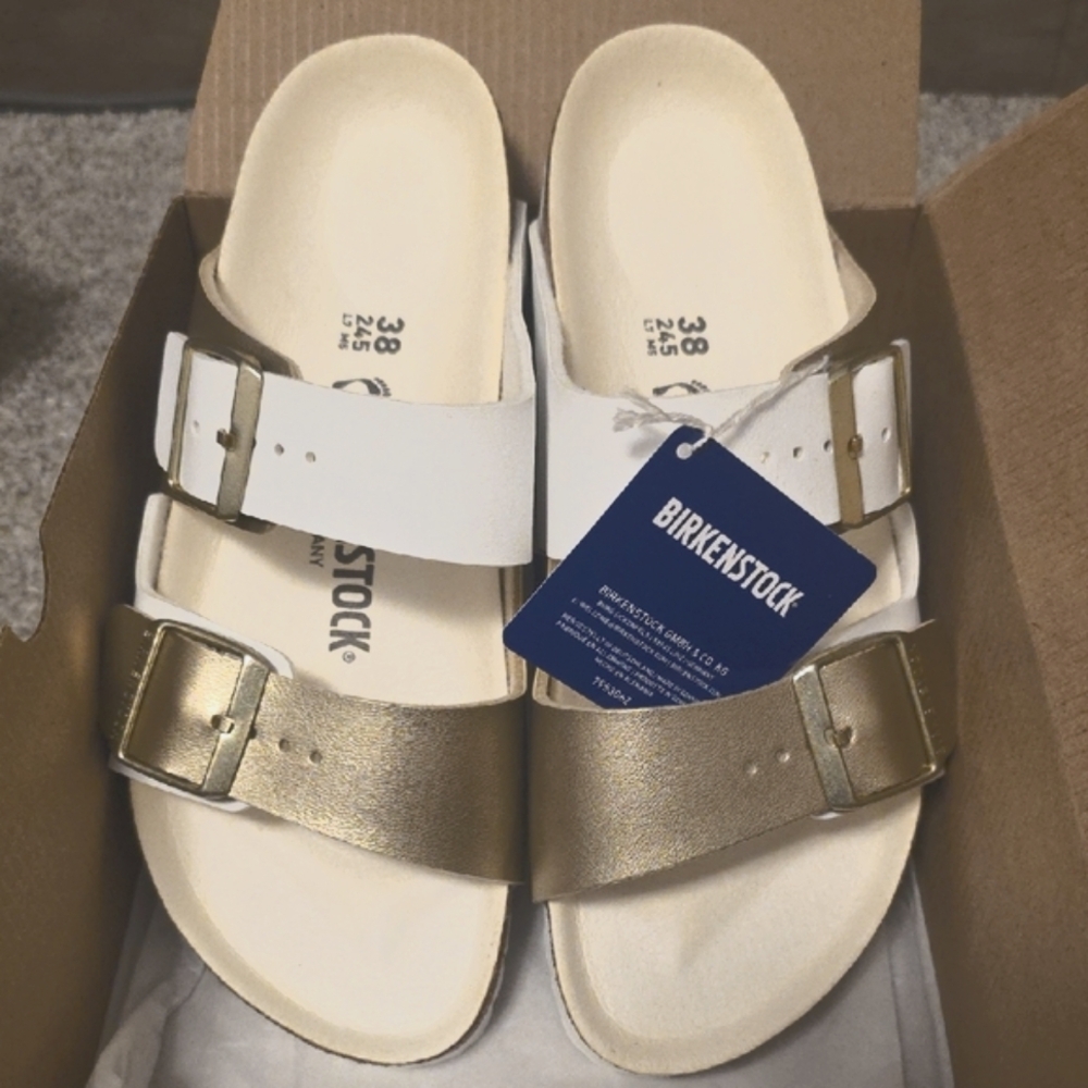 Birkenstock Dual-Tone White and Gold Sandals
